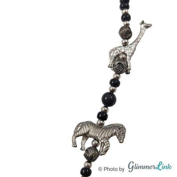 Bohemian Tribal Zebra & Giraffe Charm Black Beaded Silver Tone Necklace - Picture 5 of 8